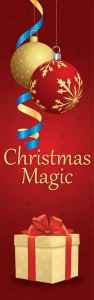 Christmas Magic Red and Gold Banner with Ornaments and Gifts
