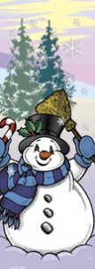 Winter Snowman with Broom and Pine Trees Banner